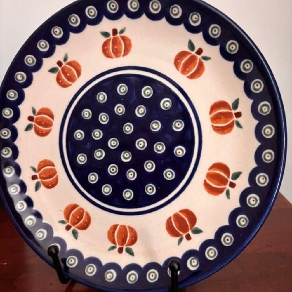 Boleslawiec Polish Pottery 8β Pumpkin Plate Cobalt Blue Fall Autumn Poland